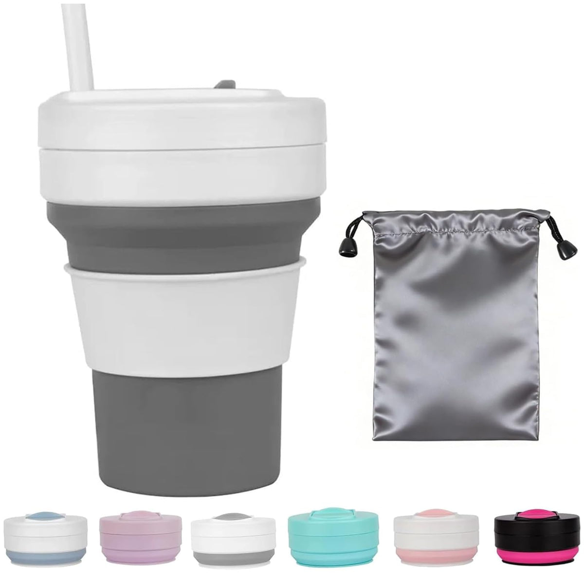 12 Oz Silicone Collapsible Travel Cup with Bag,Portable Silicone Water Bottle for Hot and Cold Beverages, Reusable Folding Drinking Cup with Lids 350ml for Outdoor Camp Hiking Travel with Straw -Black