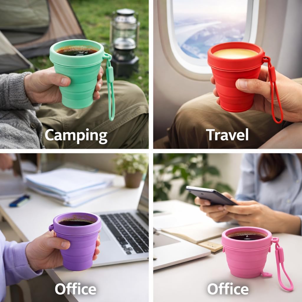 Collapsible Travel Cup, 200ml Foldable Silicone Cup with Lid & Strap, Portable Reusable Drinking Cup for Camping, Hiking, Travel, Picnic & Daily Use