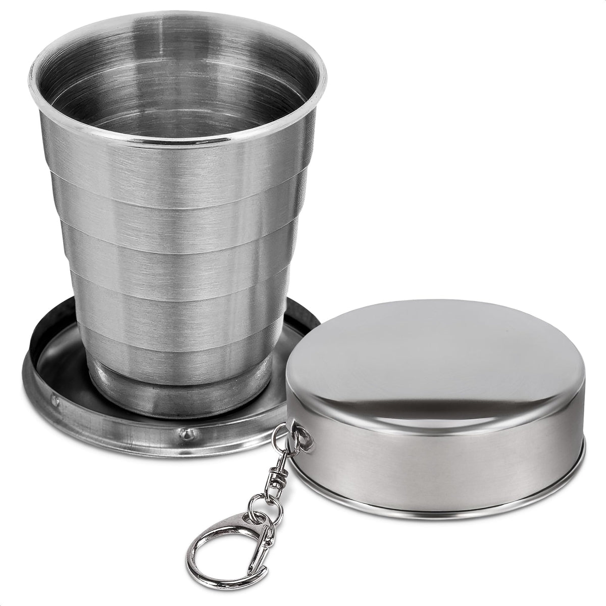 Collapsible Travel Cup with Lid 2.5Oz (75ml) - Leak-Proof Сollapsible Shot Glass Keychain, Highly Portable, Made of Rust & Bend Resistant Stainless Steel - Foldable Cup for Traveling, Fishing, Camping