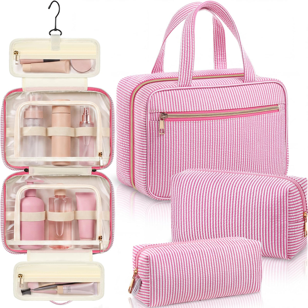 Sanwuta 3 Pcs Seersucker Toiletry Bag Set Stripe Makeup Bag, Khaki