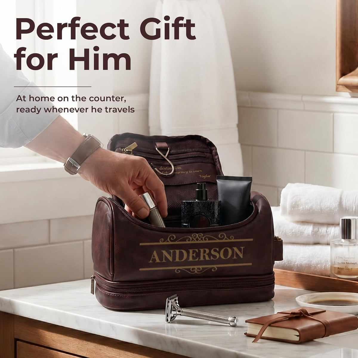 Personalized Toiletry Bag for Men - Custom Engraved Leather Dopp Kit for Travel - Monogrammed Mens Toiletry Bag - Gift for Him, Dad, Husband, Boyfriend, Groomsmen - Birthday & Anniversary