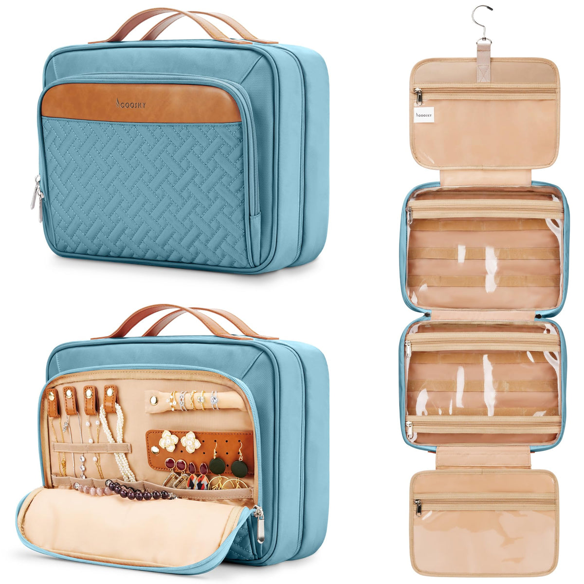 COOSKY Travel Hanging Toiletry Bag for Women, Cruise Ship Essentials, with Jewelry Organizer, Extra Large Makeup Dopp Kit, Waterproof Cosmetic Bags, Toiletries Kit Set with Trolley Belt, Blue