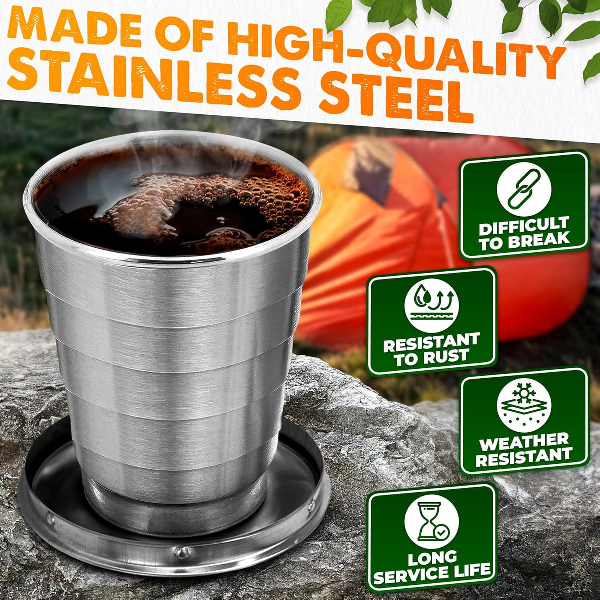 Collapsible Travel Cup with Lid 2.5Oz (75ml) - Leak-Proof Сollapsible Shot Glass Keychain, Highly Portable, Made of Rust & Bend Resistant Stainless Steel - Foldable Cup for Traveling, Fishing, Camping