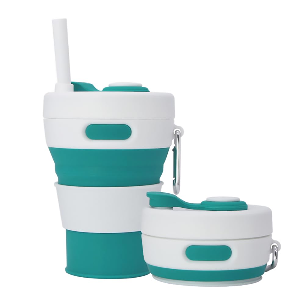 Collapsible Camping Cup with Straw Silicone Folding Coffee Cup Sport Bottle Portable Travel Outdoor Car 16oz 20oz (Grey)