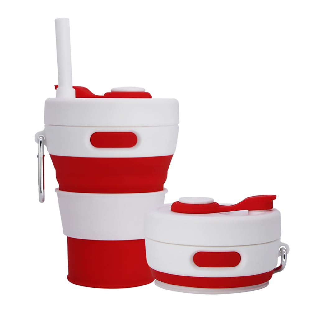 Collapsible Camping Cup with Straw Silicone Folding Coffee Cup Sport Bottle Portable Travel Outdoor Car 16oz 20oz (Grey)