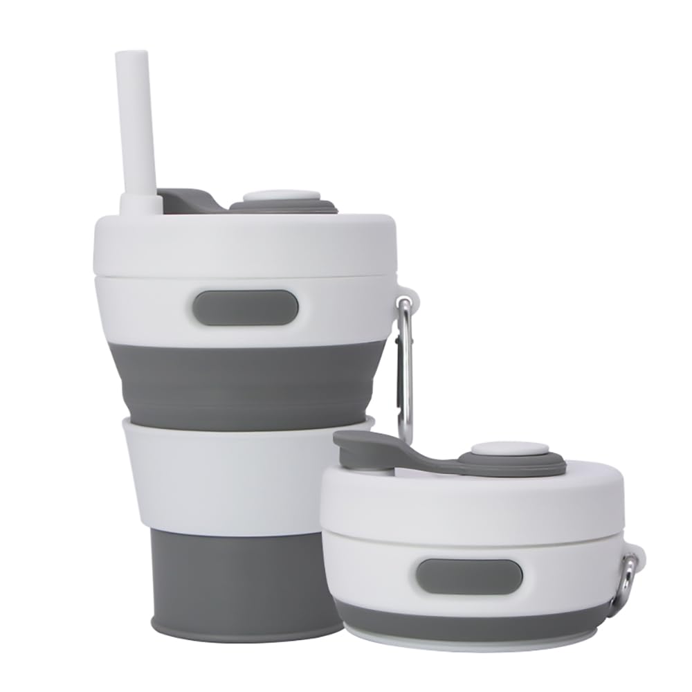 Collapsible Camping Cup with Straw Silicone Folding Coffee Cup Sport Bottle Portable Travel Outdoor Car 16oz 20oz (Grey)