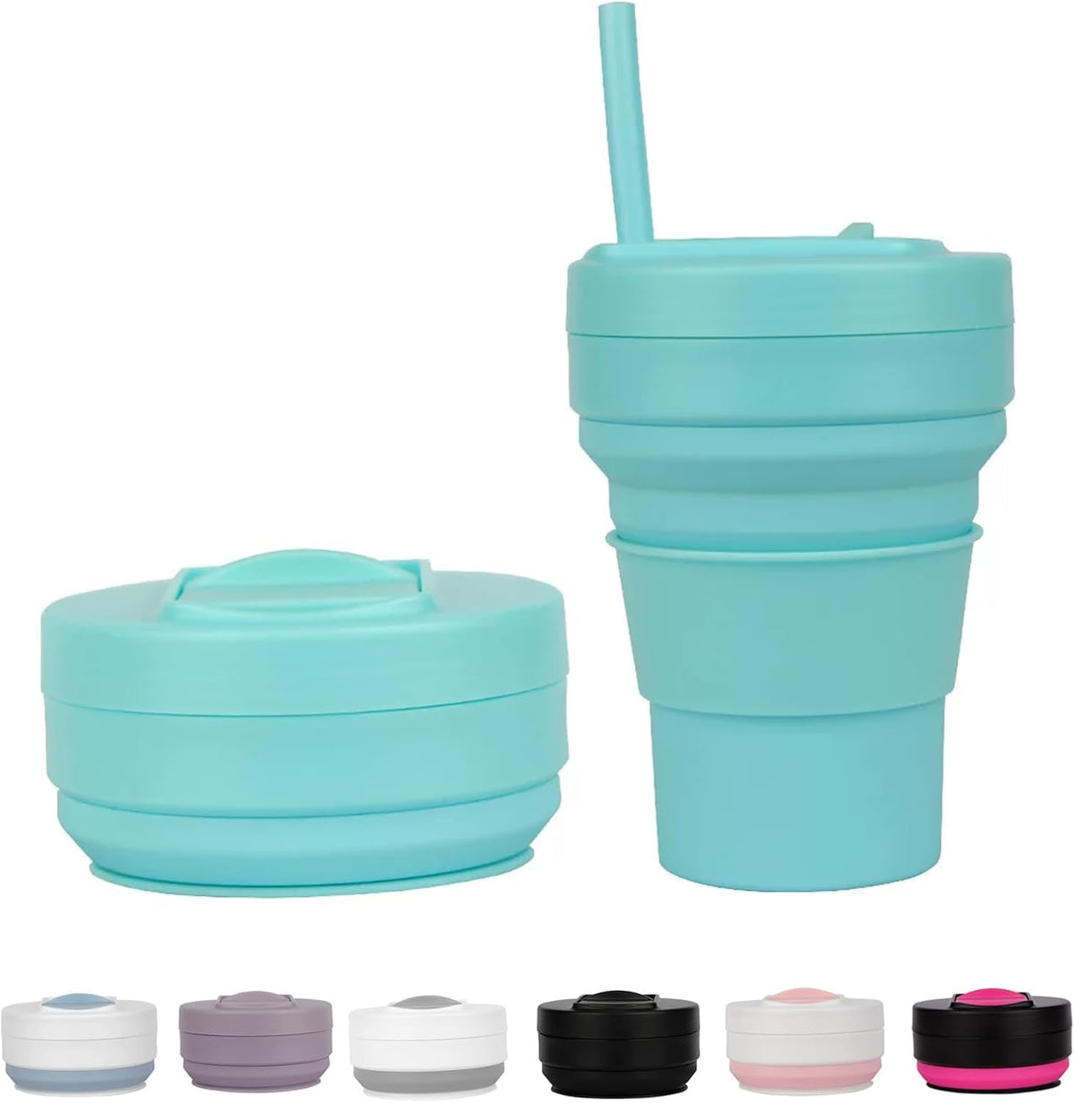 12 Oz Silicone Collapsible Travel Cup with Bag,Portable Silicone Water Bottle for Hot and Cold Beverages, Reusable Folding Drinking Cup with Lids 350ml for Outdoor Camp Hiking Travel with Straw -Black
