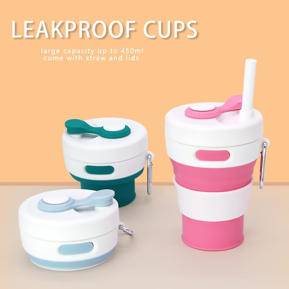 Collapsible Camping Cup with Straw Silicone Folding Coffee Cup Sport Bottle Portable Travel Outdoor Car 16oz 20oz (Grey)