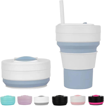12 Oz Silicone Collapsible Travel Cup with Bag,Portable Silicone Water Bottle for Hot and Cold Beverages, Reusable Folding Drinking Cup with Lids 350ml for Outdoor Camp Hiking Travel with Straw -Black
