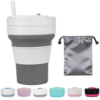 12 Oz Silicone Collapsible Travel Cup with Bag,Portable Silicone Water Bottle for Hot and Cold Beverages, Reusable Folding Drinking Cup with Lids 350ml for Outdoor Camp Hiking Travel with Straw -Black