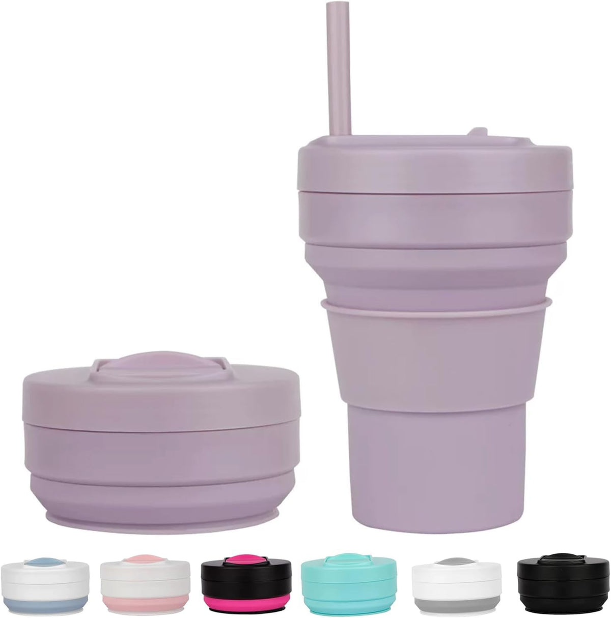 12 Oz Silicone Collapsible Travel Cup with Bag,Portable Silicone Water Bottle for Hot and Cold Beverages, Reusable Folding Drinking Cup with Lids 350ml for Outdoor Camp Hiking Travel with Straw -Black