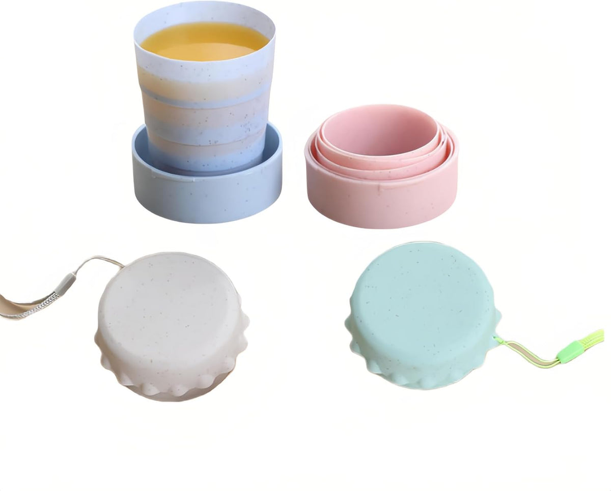 Collapsible Travel Cup 4-Pack, 130ml Foldable Water Cup with Lid & Carabiner, Leak-Proof Portable Drinking Cup for Camping, Hiking, Travel - BPA-Free PP (Blue/Pink/Beige/Green)