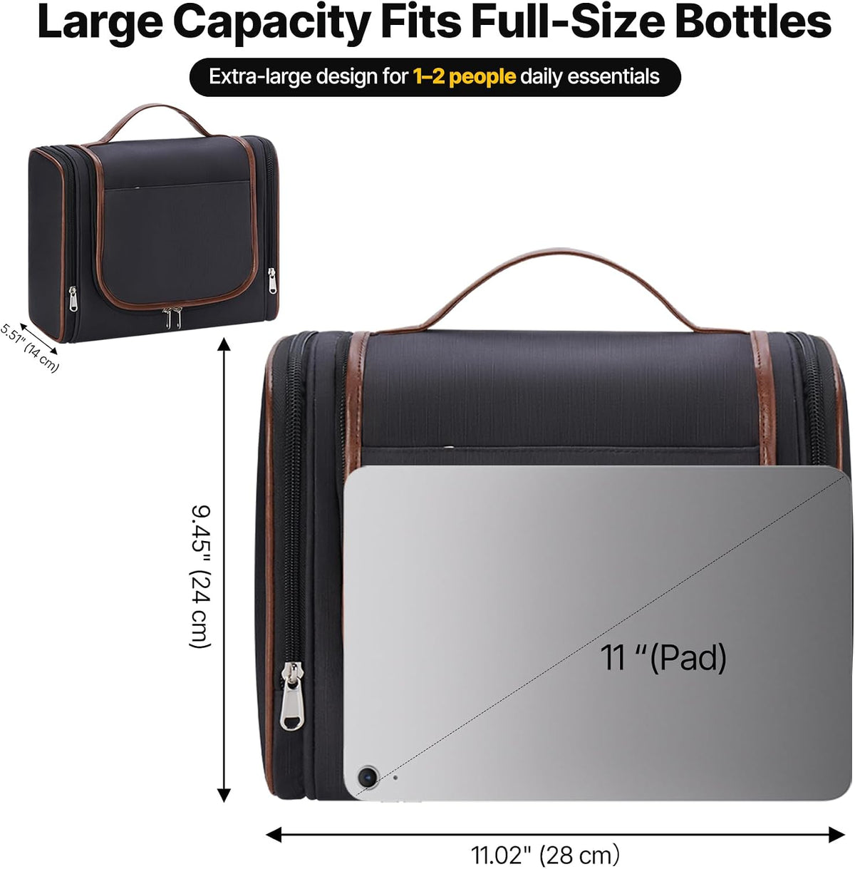 ZAHNI Toiletry Bag for Men, Large Hanging Travel Toiletry Bag, Black