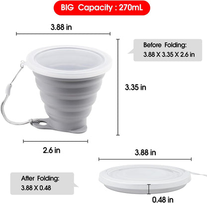 Nanaborn Silicone Collapsible Cups for Camping Travel, Small Portable Drinking Cup with Lids Reusable for Outdoor Hiking 270ml (Blue/Gray, 2 Pack)
