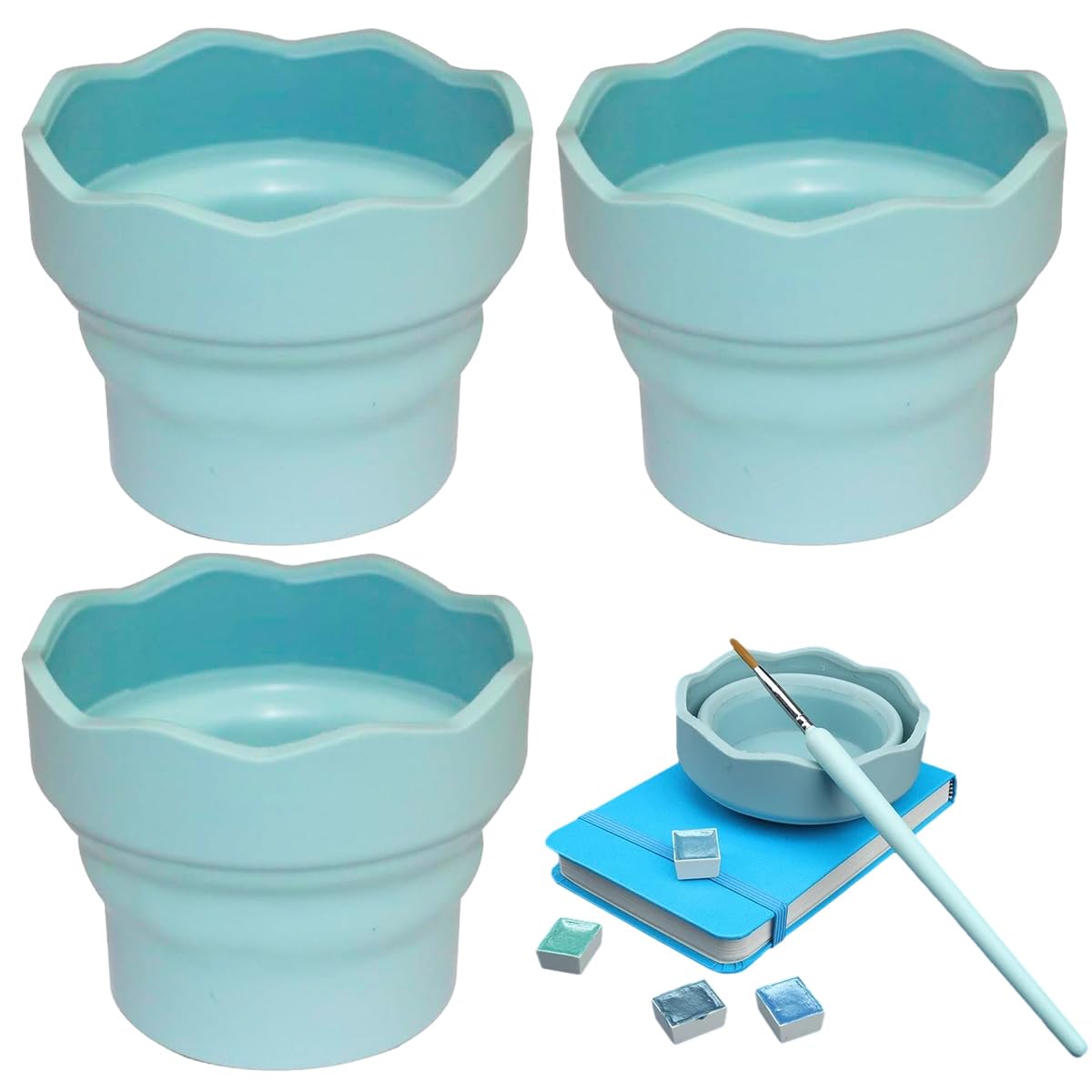 3 PCS Collapsible Paint Brush Washer Mini Foldable Silicone Watercolor Acrylic Oil Painting Silicone Washing Bucket Brush Holder Organizer Painting Water Cup for Watercolor Oil Painting