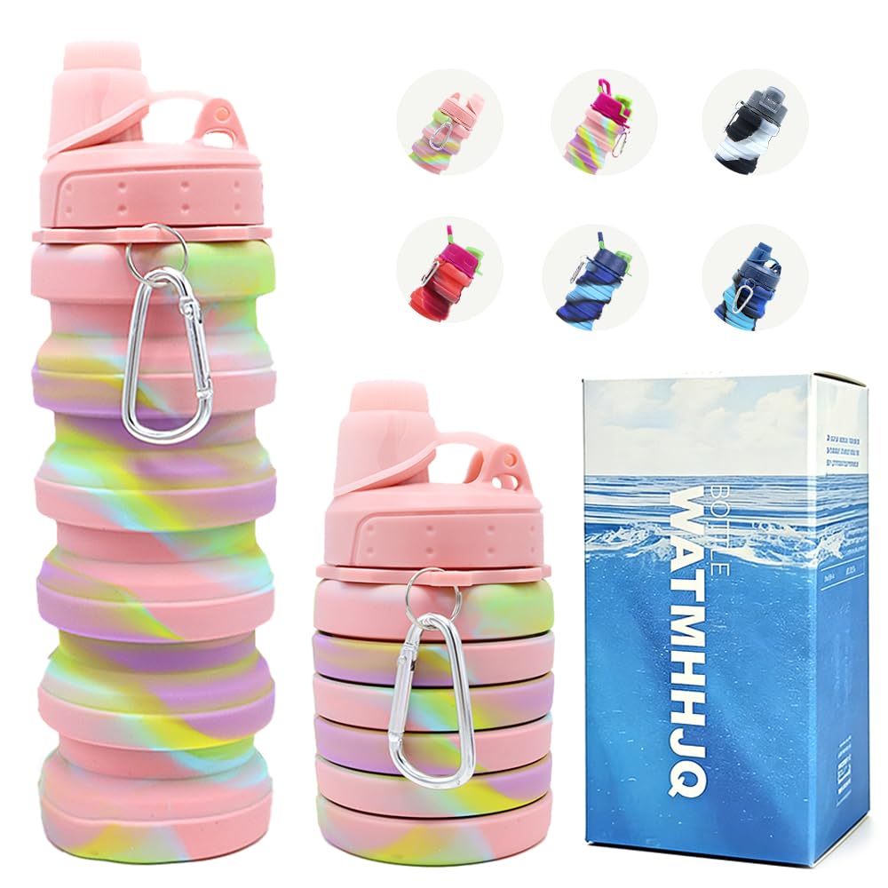 Silicone Collapsible Water Bottles, 16oz 500ml Portable Foldable Expandable Water Bottle Sports Cups, Leak Proof Reusable BPA Free, for Outdoor Activities Travel(Pink-B)