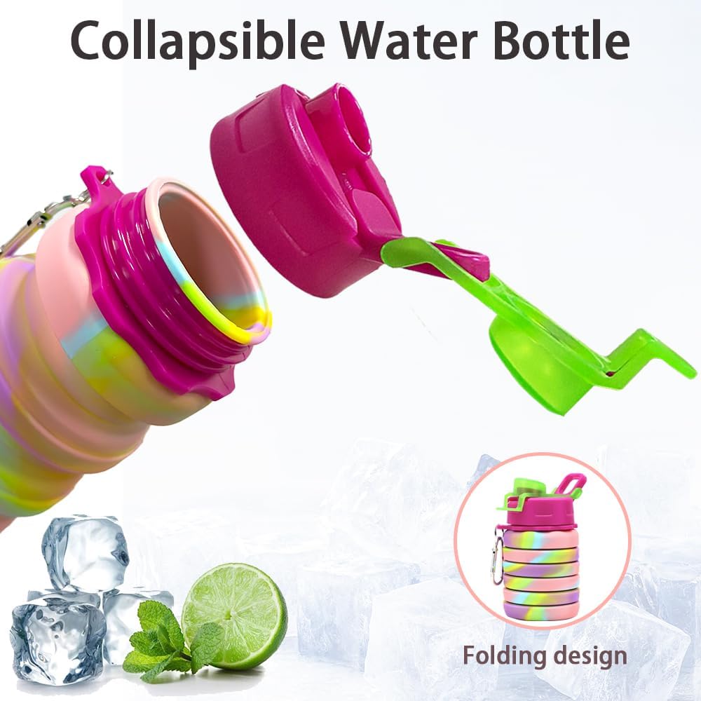 Silicone Collapsible Water Bottles, 16oz 500ml Portable Foldable Expandable Water Bottle Sports Cups, Leak Proof Reusable BPA Free, for Outdoor Activities Travel(Pink-B)