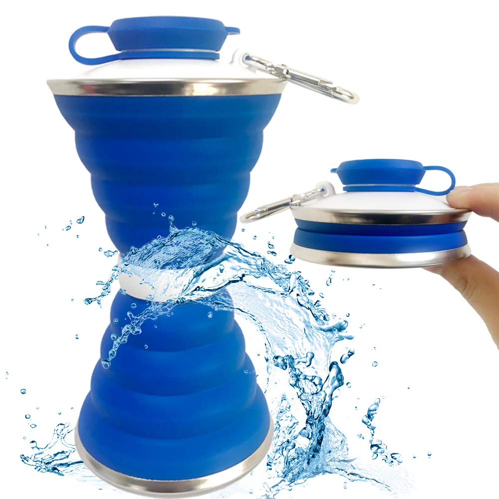 Collapsible Water Bottle, Camping Cup With Carabiner, Reuseable Silicone Foldable Leak Proof Portable Sports Travel Water Bottles For Outdoor, Travel Gym Hiking, BPA Free, Cycling Cups with Carabiner