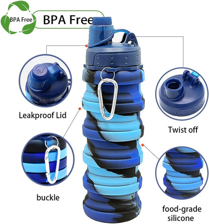 Silicone Collapsible Water Bottles, 16oz(500ml) Portable Foldable Expandable Water Bottle Sports Cups, Leak Proof Reusable BPA Free, for Outdoor Activities (Blue-A)