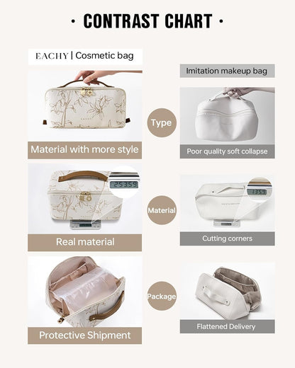 EACHY Travel Makeup Bag, Floral Cosmetic Bag for Women, Beige, Medium