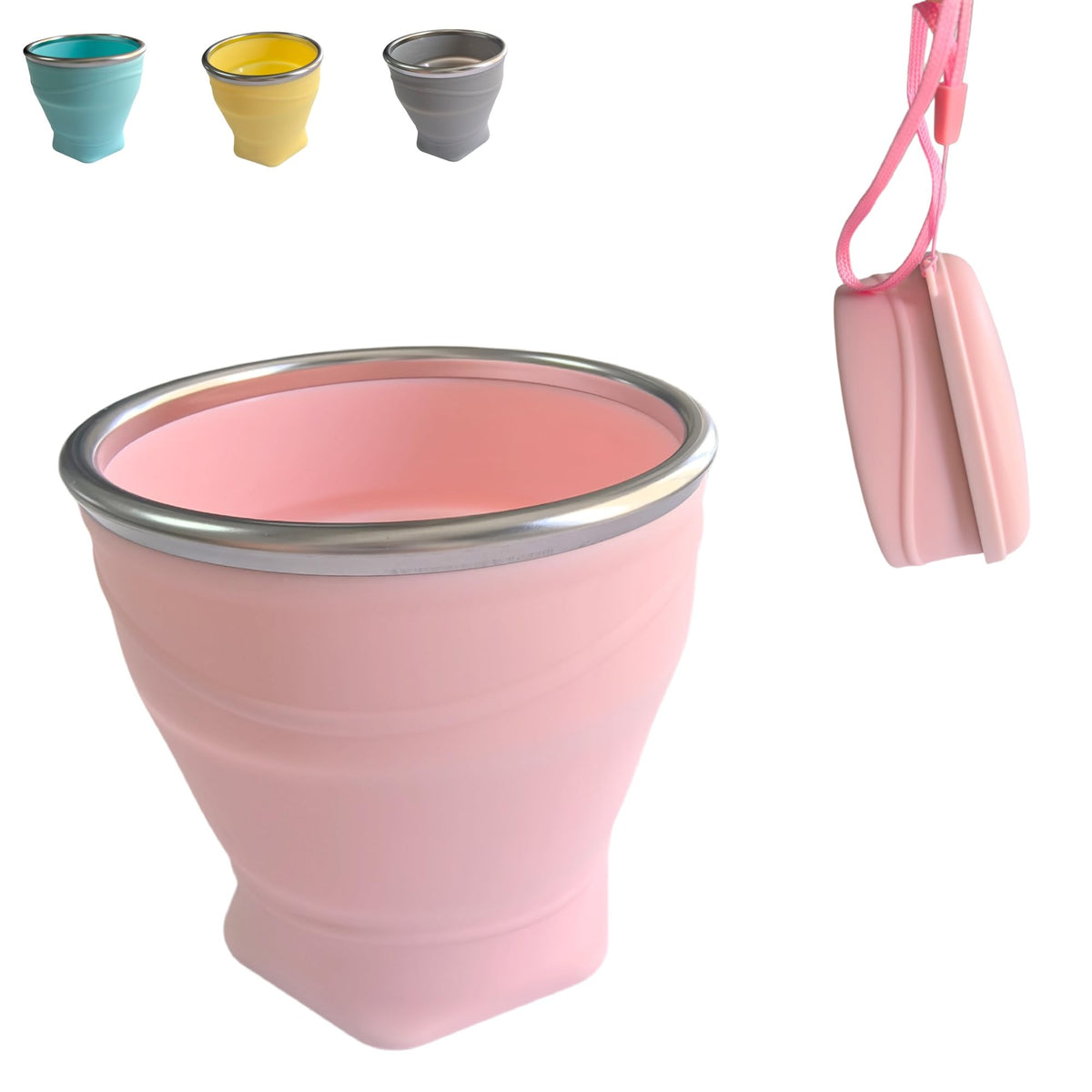 Collapsible Cup, 8.8oz 260ml Foldable Travel Mini Coffee Mug, BPA Free Silicone Water Cup and Lid with Stainless Steel Rim, Portable Pocket Cup for Outdoor, Hiking, Camping & Kids （Pink）