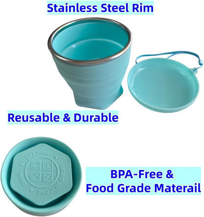 Collapsible Cup, 8.8oz 260ml Foldable Travel Mini Coffee Mug, BPA Free Silicone Water Cup and Lid with Stainless Steel Rim, Portable Pocket Cup for Outdoor, Hiking, Camping & Kids （Blue）