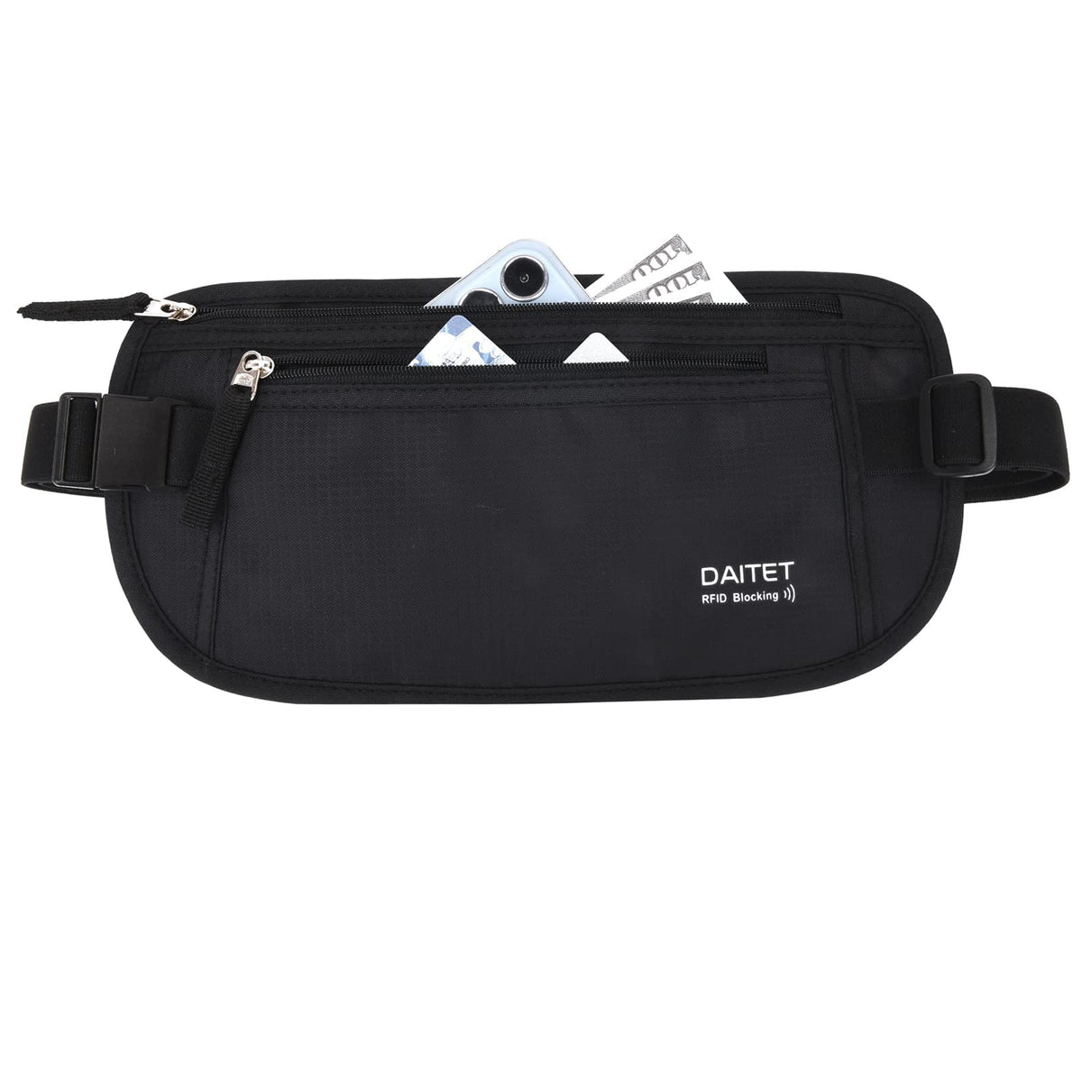 Money Belt - Passport Holder Secure Hidden Travel Wallet with RFID Blocking, Undercover Fanny Pack (Black)