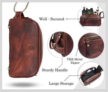 10" Premium Leather Toiletry Travel Pouch With Waterproof Lining | King-Size Handcrafted Vintage Dopp - Kit By Aaron Leather Goods (Dark Brown)