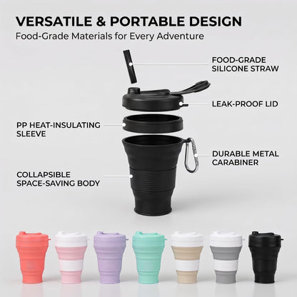 Silicone Coffee Cup with Straw lid Collapsible Cups for Traveling 20oz Lightweight Folding Water Mug for Picnic Hicking Camping Climbing (Black)