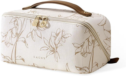 EACHY Travel Makeup Bag, Floral Cosmetic Bag for Women, Beige, Medium