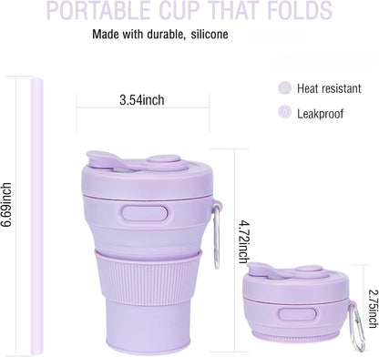 Silicone Collapsible Travel Mug Purple 15oz / 450ml - Leak-Proof Reusable Silicone Water Bottle for Hot and Cold Beverages - Travel Office and Home - Dishwasher Safe - Straw Included