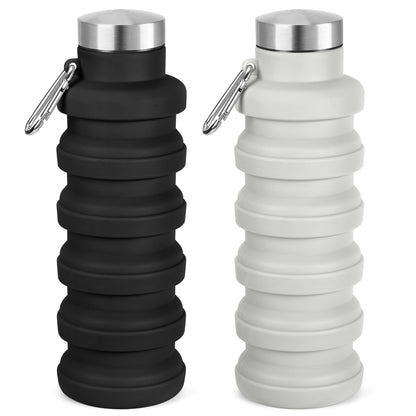 Collapsible Water Bottle, 16oz Portable Reusable Silicone Water Bottle with Carabiner for Gym, Travel, Camping, Hiking, Sports, Lightweight, BPA-Free, Leak-Proof, Foldable Design, Black