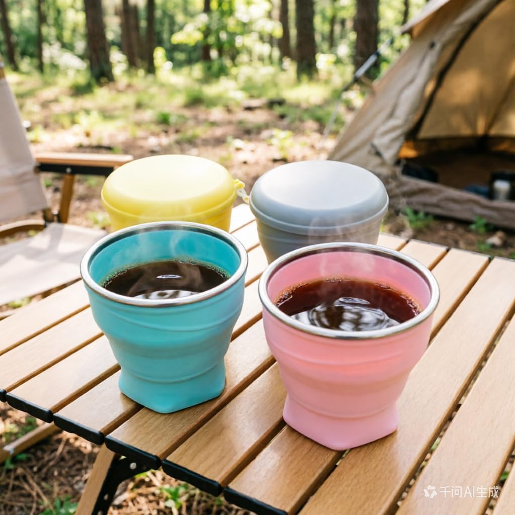 Collapsible Cup, 8.8oz 260ml Foldable Travel Mini Coffee Mug, BPA Free Silicone Water Cup and Lid with Stainless Steel Rim, Portable Pocket Cup for Outdoor, Hiking, Camping & Kids （Pink）
