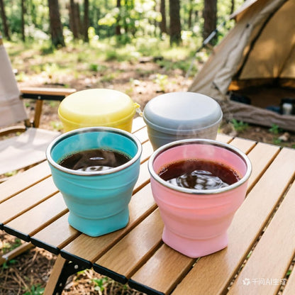 Collapsible Cup, 8.8oz 260ml Foldable Travel Mini Coffee Mug, BPA Free Silicone Water Cup and Lid with Stainless Steel Rim, Portable Pocket Cup for Outdoor, Hiking, Camping & Kids （Pink）