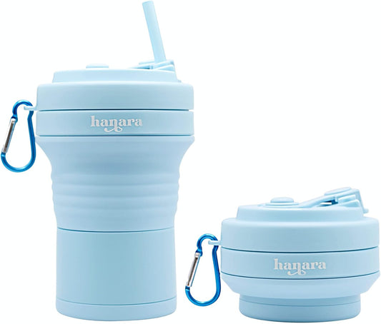 HANARA Collapsible Cup with Reusable Straw – 18 Oz (550 Ml), Portable Travel Mug, BPA-Free, Leak-Proof, Microwave & Dishwasher Safe, Multi-Purpose for Hot & Cold Drinks – Sky Blue