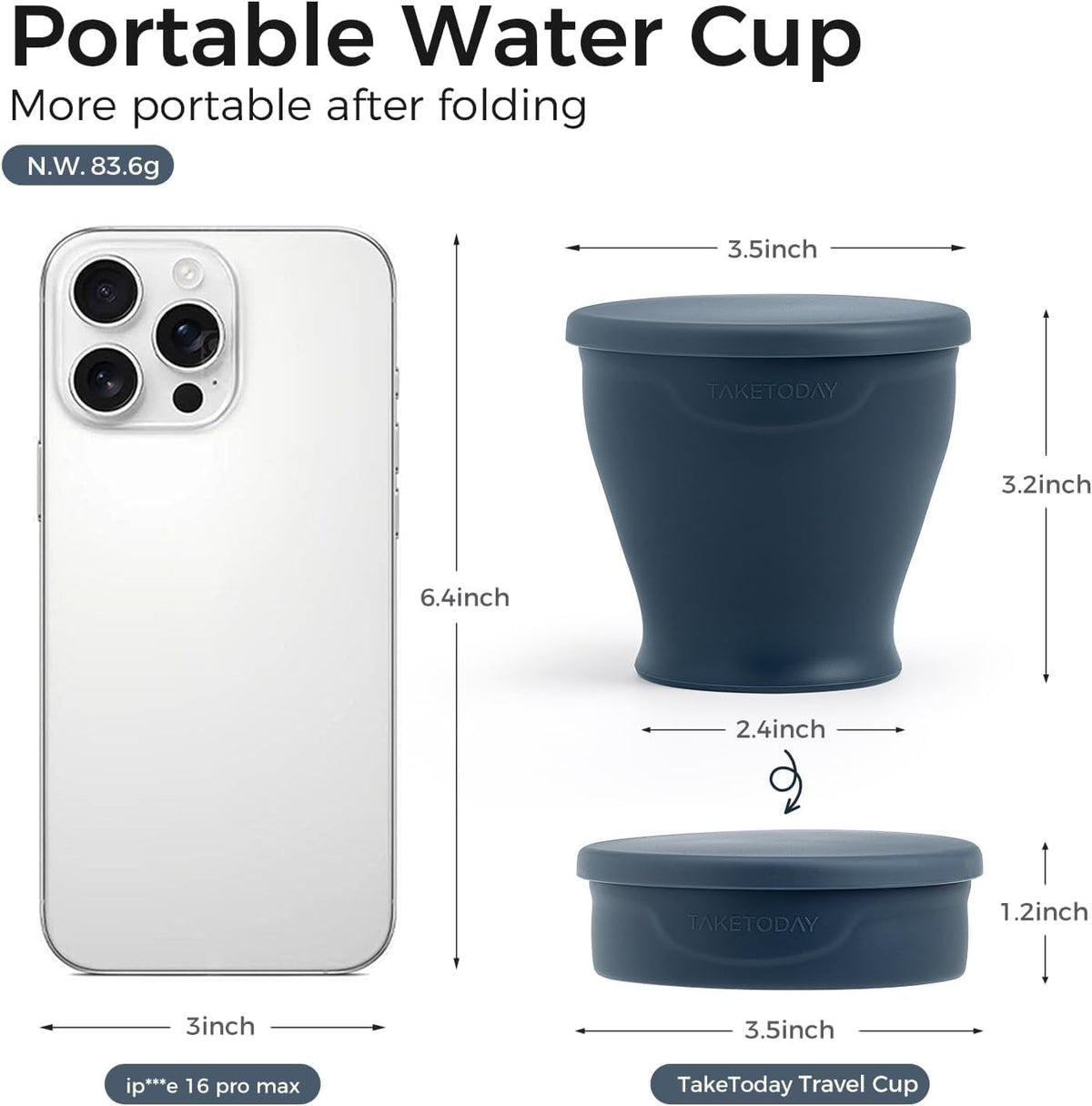 TakeToday Collapsible Cup 8 oz, Foldable with Lid for Travel, Charcoal