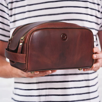 10" Premium Leather Toiletry Travel Pouch With Waterproof Lining | King-Size Handcrafted Vintage Dopp - Kit By Aaron Leather Goods (Dark Brown)