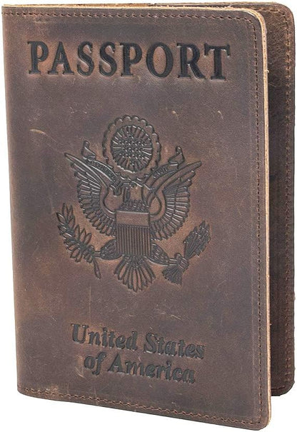 RFID Blocking Passport Holder Travel Wallet - Genuine Crazy Horse Leather for Men(Coffee)
