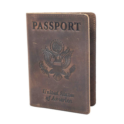 RFID Blocking Passport Holder Travel Wallet - Genuine Crazy Horse Leather for Men(Coffee)