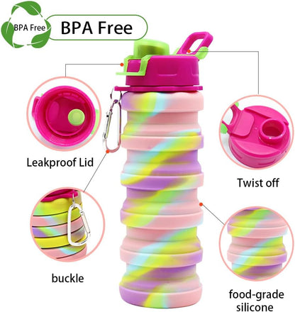 Silicone Collapsible Water Bottles, 16oz 500ml Portable Foldable Expandable Water Bottle Sports Cups, Leak Proof Reusable BPA Free, for Outdoor Activities Travel(Pink-B)