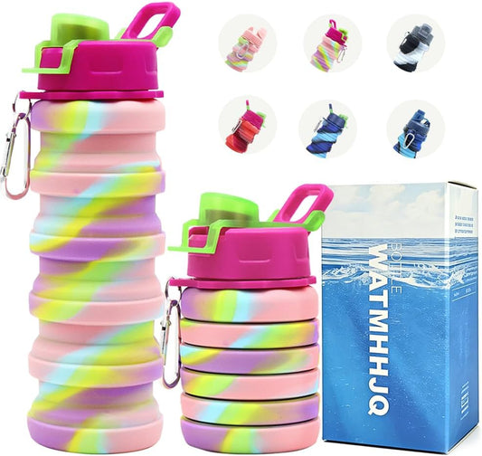 Silicone Collapsible Water Bottles, 16oz 500ml Portable Foldable Expandable Water Bottle Sports Cups, Leak Proof Reusable BPA Free, for Outdoor Activities Travel(Pink-B)