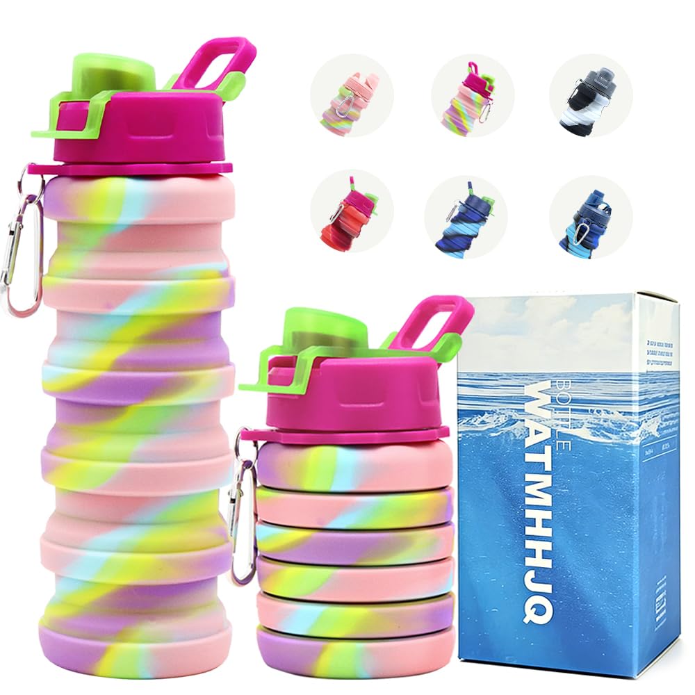 Silicone Collapsible Water Bottles, 16oz 500ml Portable Foldable Expandable Water Bottle Sports Cups, Leak Proof Reusable BPA Free, for Outdoor Activities Travel(Pink-B)