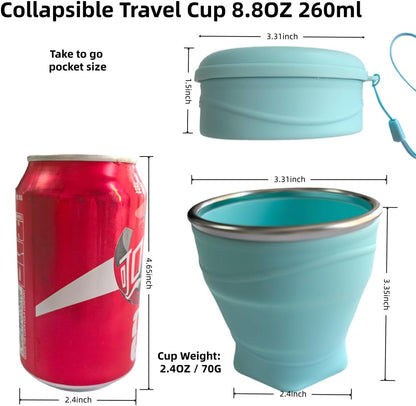 Collapsible Cup, 8.8oz 260ml Foldable Travel Mini Coffee Mug, BPA Free Silicone Water Cup and Lid with Stainless Steel Rim, Portable Pocket Cup for Outdoor, Hiking, Camping & Kids （Blue）