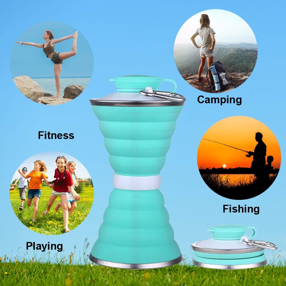 Collapsible Water Bottle, Camping Cup With Carabiner, Reuseable Silicone Foldable Leak Proof Portable Sports Travel Water Bottles For Outdoor, Travel Gym Hiking, BPA Free, Cycling Cups with Carabiner