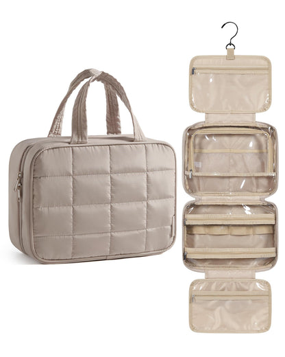 BAGSMART Travel Toiletry Bag for Womne, Hanging Travel Bag for Toiletries, Puffy Makeup Cosmetic Bag Organizer, Carry-on Travel Accessories Essentials, Camel