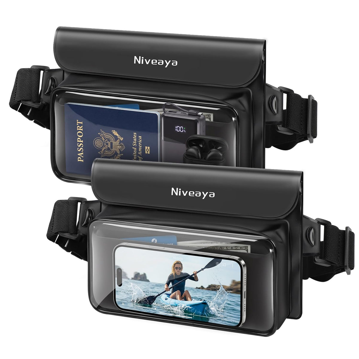 Niveaya IPX8 Floating Waterproof Fanny Pack Holds Phone, Passport & Cash