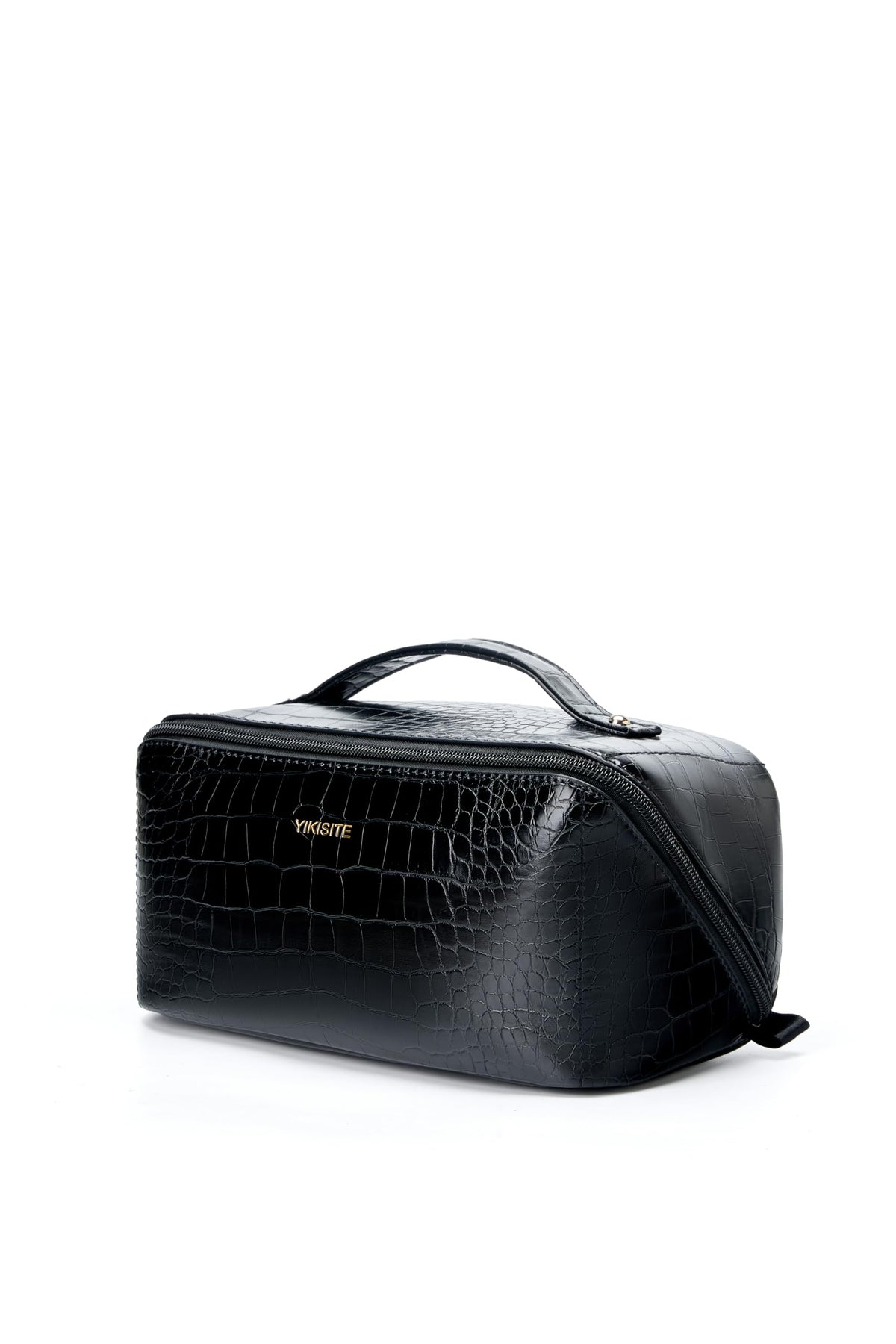 Make Up Bag, Cosmetic Organizer for Women, Waterproof Croc PU Leather Makeup Organizer with Divider and Handle Toiletry Bag Travel Bag (Croc Embossed, Black)