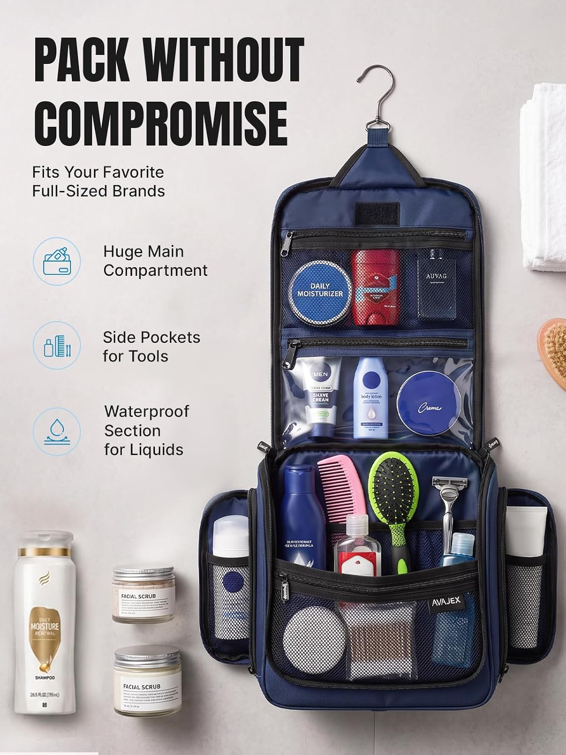 Travel Toiletry Bag for Men and Women - (10.6”x10.6”x3.2”) Large Hanging Toiletry Organizer - Waterproof Hygiene Bag with Metal XXL Swivel Hook, with Sturdy Zippers and 19 Compartments for Toiletries