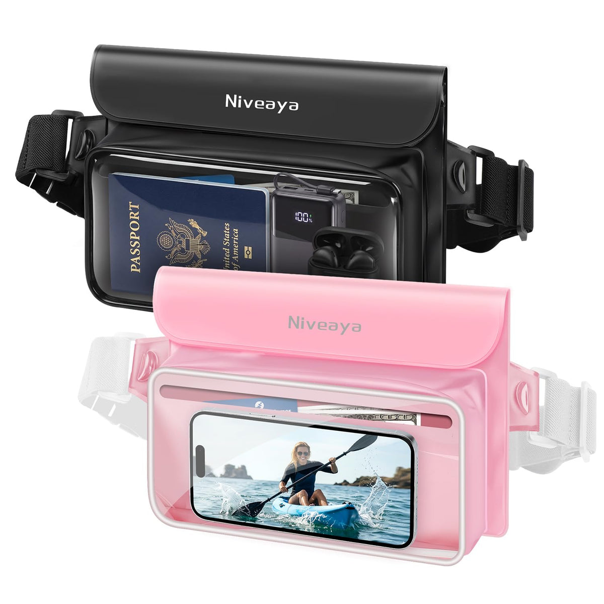 Niveaya IPX8 Floating Waterproof Fanny Pack Holds Phone, Passport & Cash