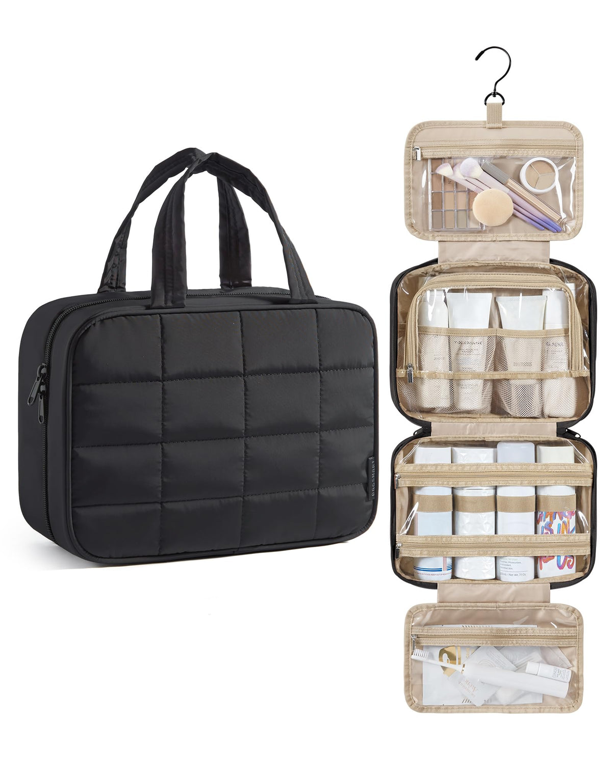 BAGSMART Travel Toiletry Bag for Womne, Hanging Travel Bag for Toiletries, Puffy Makeup Cosmetic Bag Organizer, Carry-on Travel Accessories Essentials, Camel
